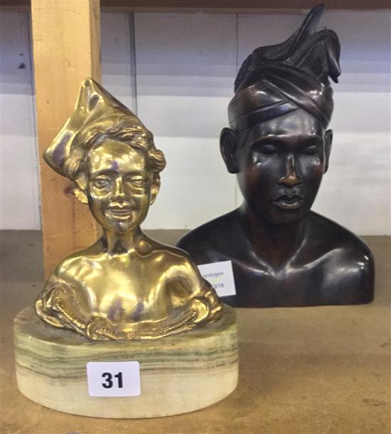 Cast gilt bronze bust of a youth and a Balinese bust of a man